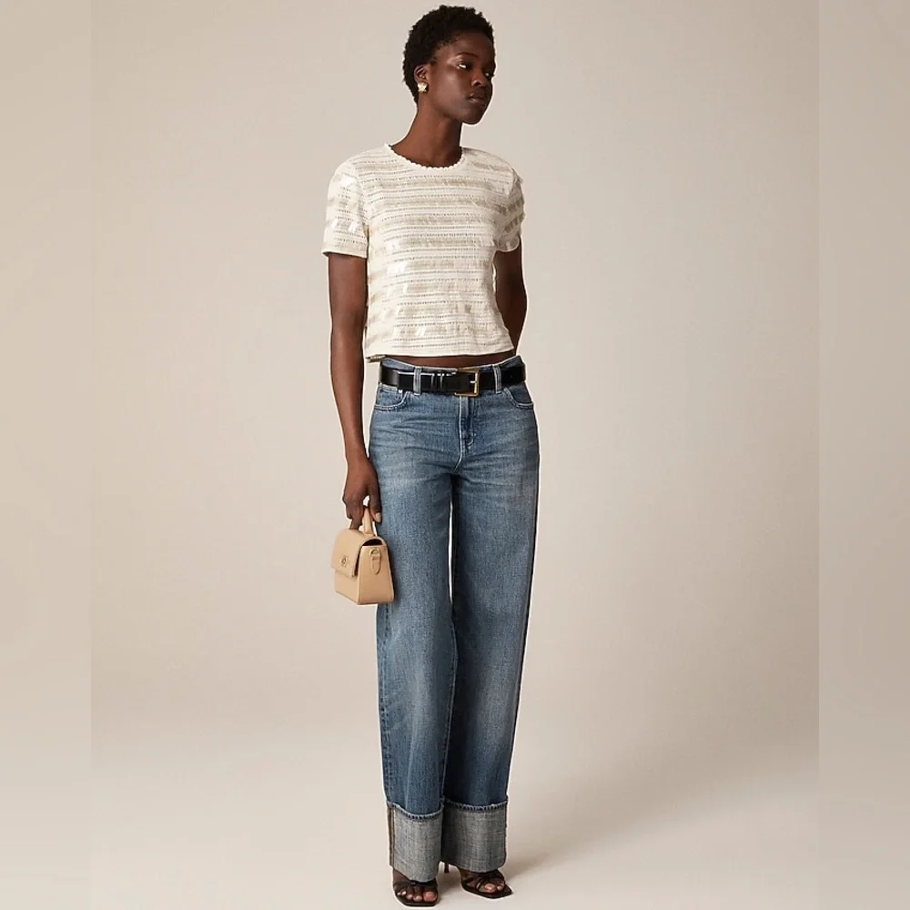 NWT J. CREW Crochet Shirt With Sequins Natural Cream Size Large